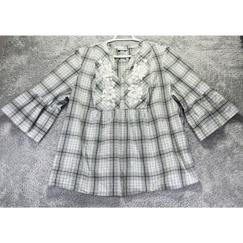 Catherines Plaid Embroidered Babydoll Top 1X Ruffle 3/4 Sleeve Boho Coastal - Picture 3 of 7